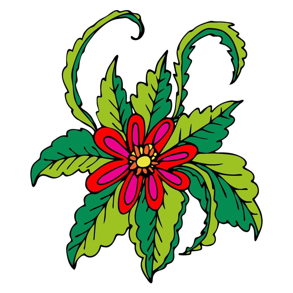 Red hand drawn fantasy flower with green curly leaves isolated on white. Tropical doodle floral element with black outline. vector