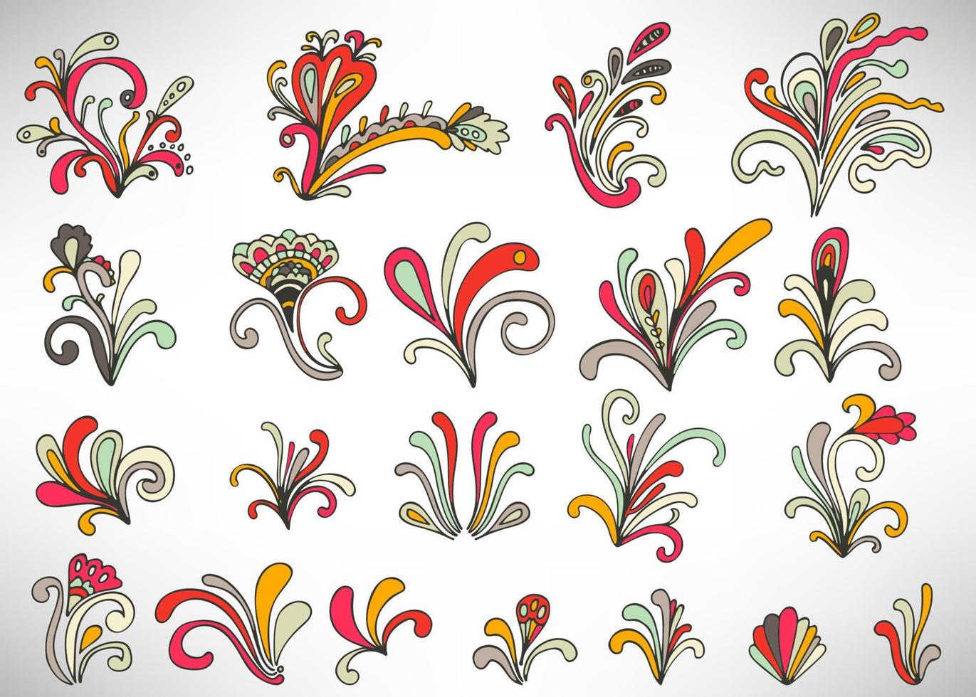 Set of colorful doodle floral elements with flowers, curls, branches and leaves isolated on white background. Damask elements, calligraphic shapes. vector