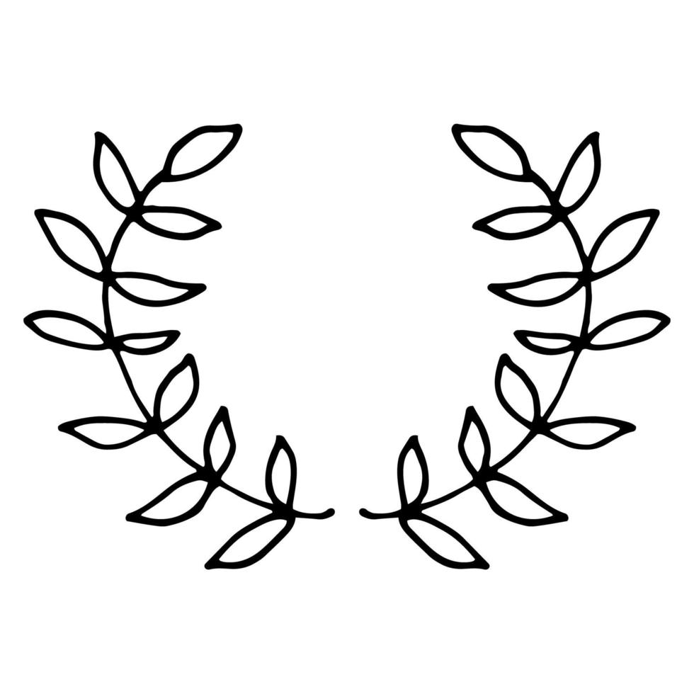 Black thin line wreath of hand drawn branches and leaves isolated on white background. Floral round frame. Laurel. vector
