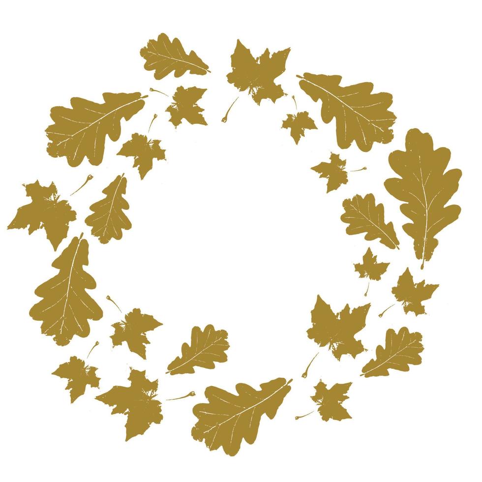 Floral round autumn frame with gold maple and oak leaves isolated on white. vector