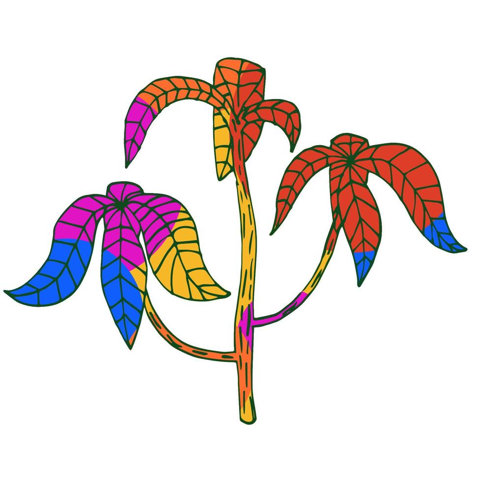 Planta tropical multicolor brillante, palmera multicolor, símbolo de las vacaciones de verano, estilo de dibujo de imágenes prediseñadas, objeto aislado sobre fondo blanco. vector