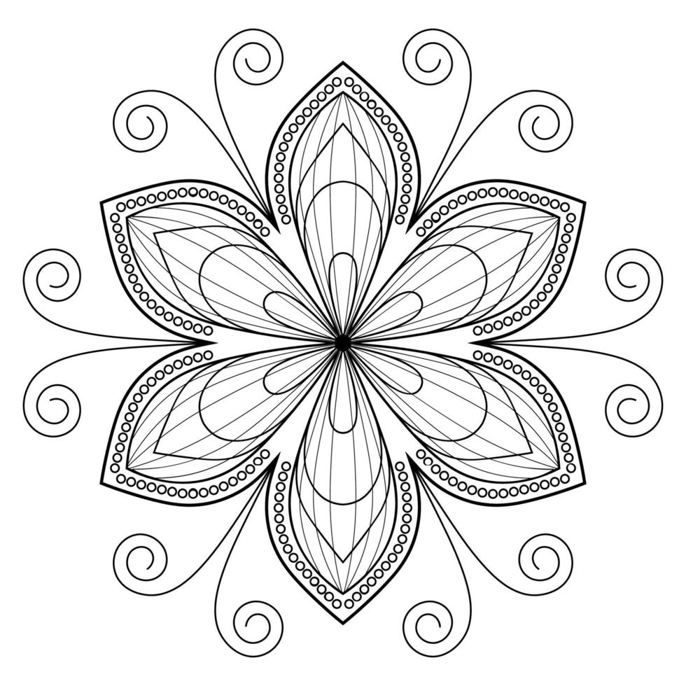 Ornamental fantasy doodle flower isolated on white background. Black outline mandala. Floral circle element. vector