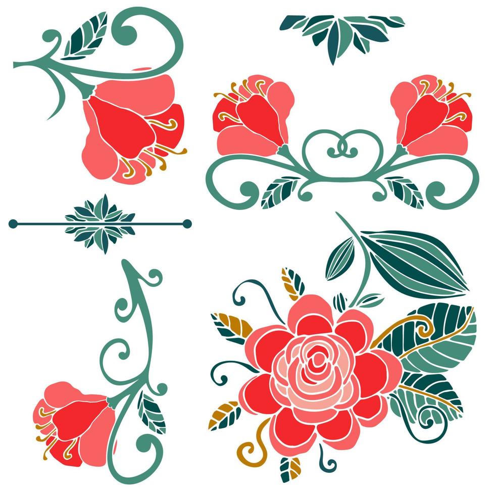 Colorful floral collection of pink, green, gold cute design elements. Paradise fantasy flowers with curls, leaves isolated on white. Tropical doodle floral divider, border, frame. vector