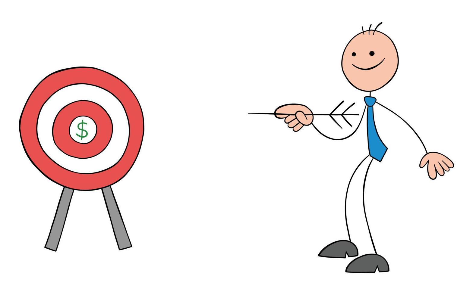 Stickman businessman with bulls eye and dollr symbol in the center and holding an arrow hand drawn outline cartoon vector illustration.