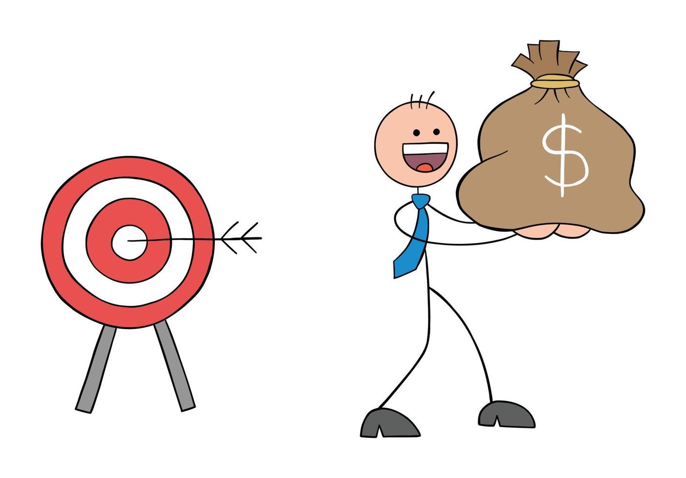 Stickman businessman hit the target and wins the sack of dollars and takes it away, hand drawn outline cartoon vector illustration.