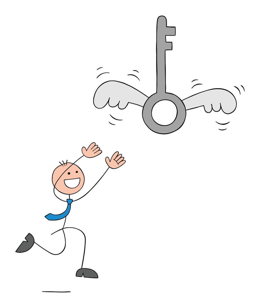 Stickman businessman is trying to catch the big key with the wings, hand drawn outline cartoon vector illustration.