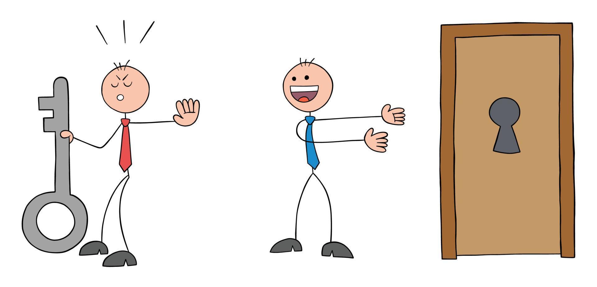 El empresario stickman sostiene la llave y el otro empresario stickman le pide que abra la puerta con esa llave, pero él se niega, ilustración vectorial de dibujos animados de contorno dibujado a mano. vector