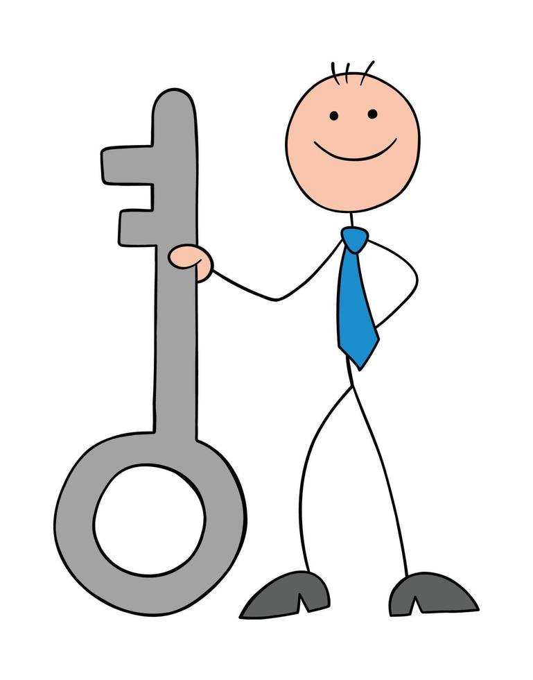 Stickman businessman standing and holding big key, hand drawn outline cartoon vector illustration.