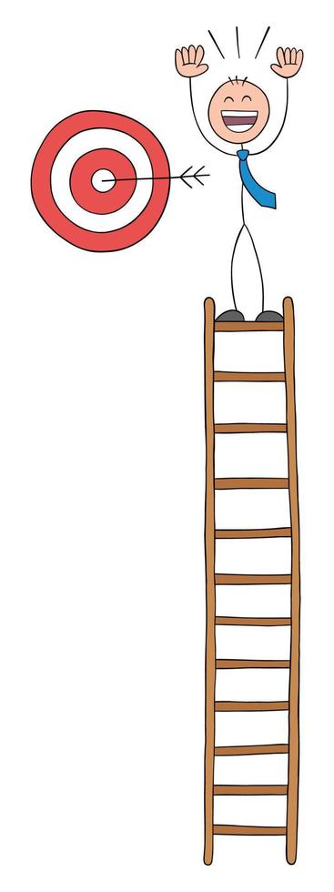 El empresario stickman ha subido a la parte superior de la escalera de madera y está muy feliz de haber alcanzado el objetivo, ilustración vectorial de dibujos animados de contorno dibujado a mano. vector