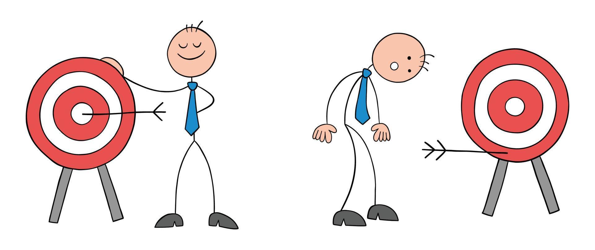 Stickman businessman hit the target on the bulls eye, the other stickman businessman failed to hit the target, hand drawn outline cartoon vector illustration.