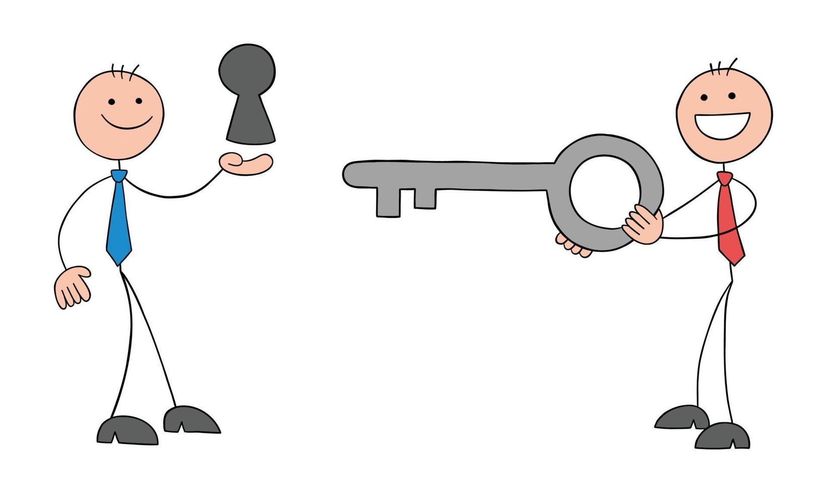 Stickman businessman is holding the keyhole and the other st,ckman businessman is holding the key. This is collaboration, teamwork, hand drawn outline cartoon vector illustration.