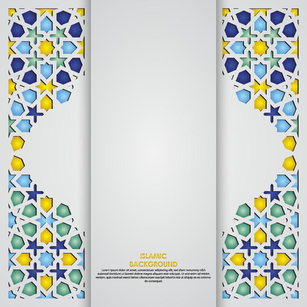 Islamic greeting card banner background with ornamental colorful detail of floral mosaic islamic art ornament vector