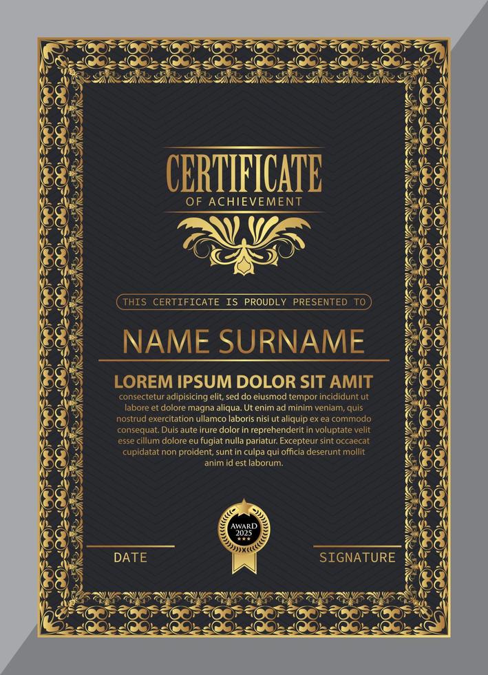 Certificate Design. Diploma currency border template. Dark colored gift voucher award background. Vector Illustration - Template Design