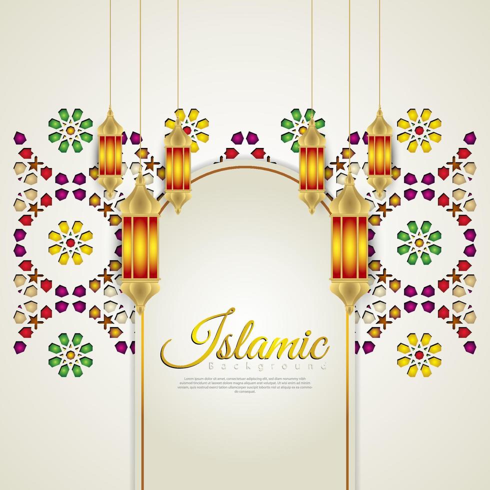 Islamic greeting card banner background with ornamental colorful detail of floral mosaic islamic art ornament vector