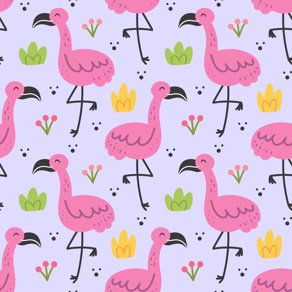 Wild animal childish seamless pattern background wallpaper paper Flamingo bird with herbs grass Vector design for children Packaging design