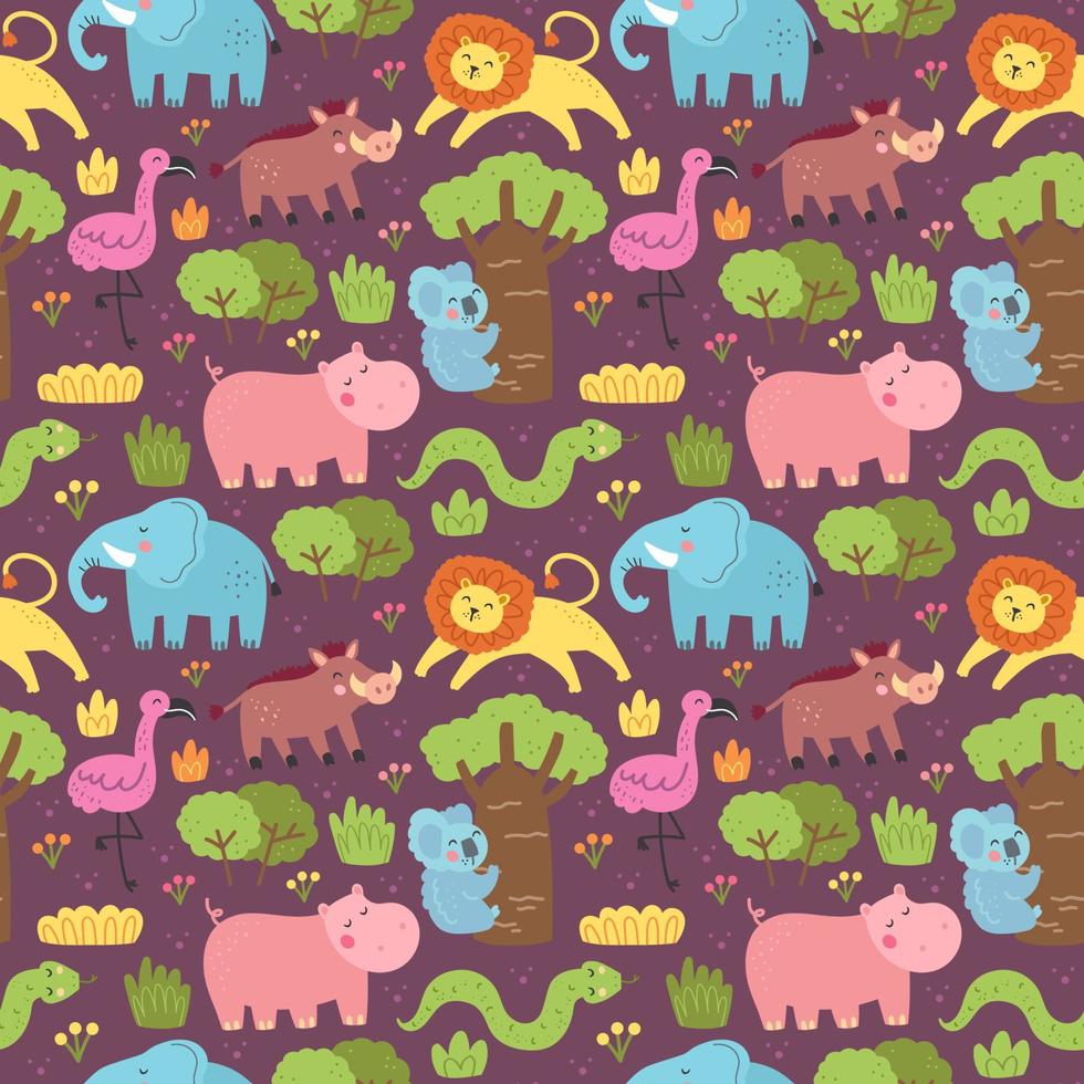 Wild animals endangered species Seamless pattern texture background Elephant lion flamingo snake hippo koala warthog Vector design for children Editable background Park safari zoo