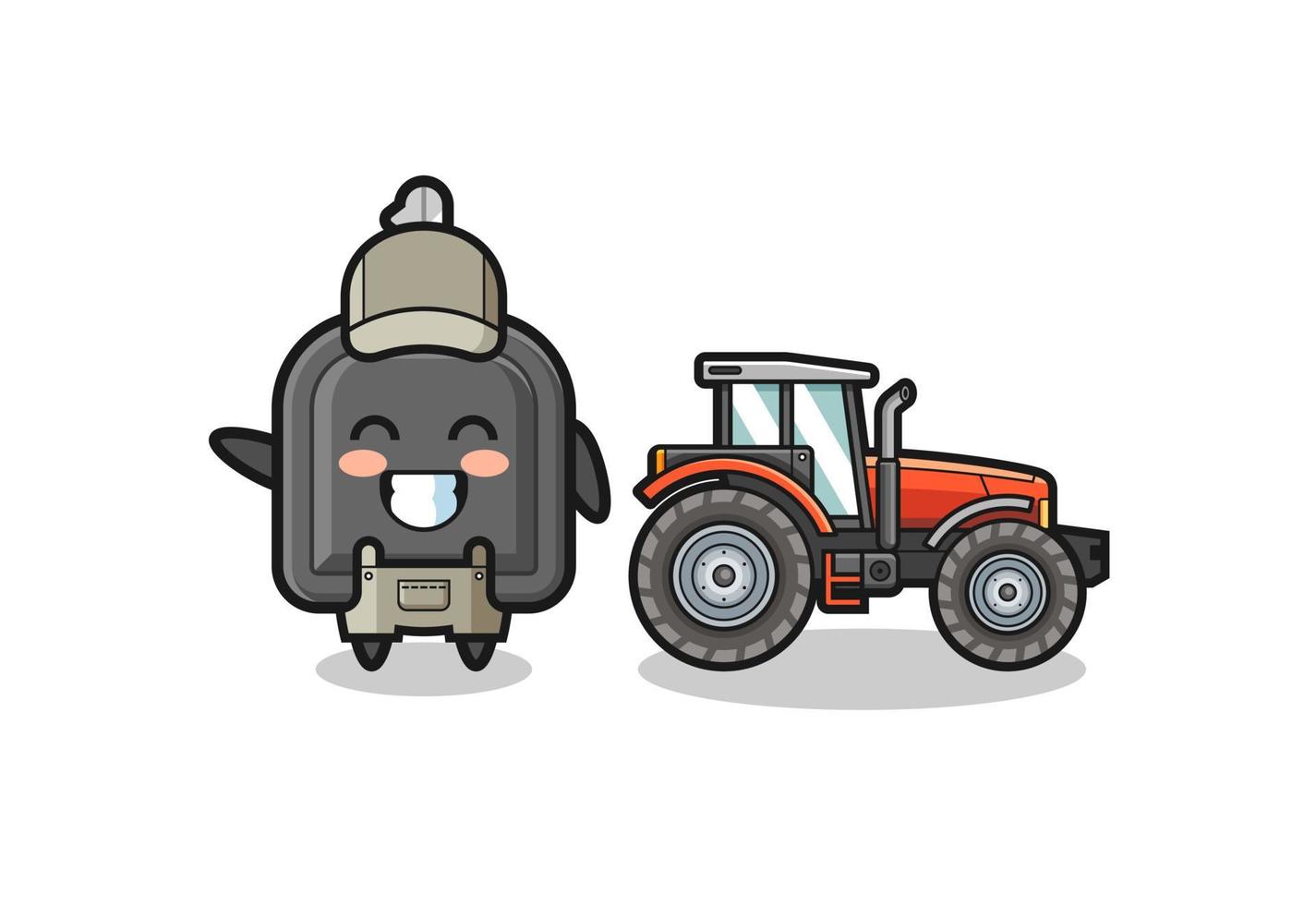 the car key farmer mascot standing beside a tractor vector