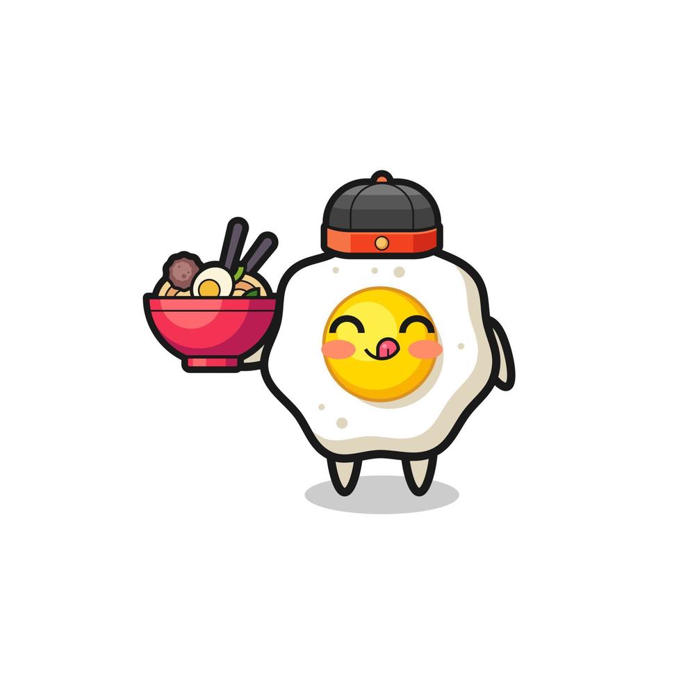 fried egg as Chinese chef mascot holding a noodle bowl vector