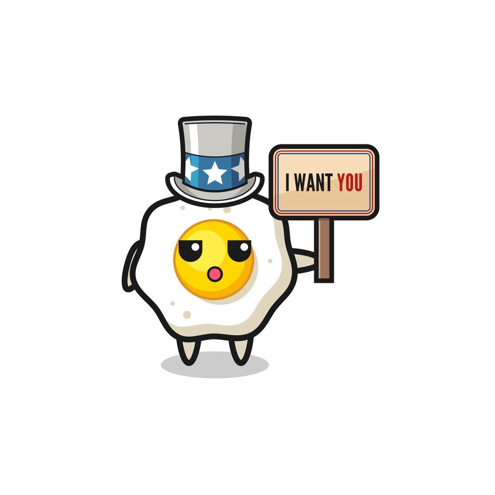 fried egg cartoon as uncle Sam holding the banner I want you vector