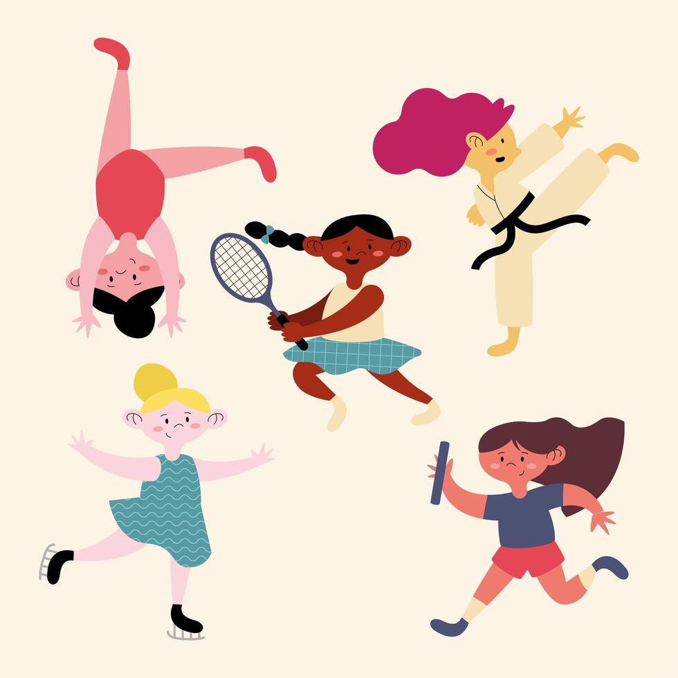 five girls practicing sports vector