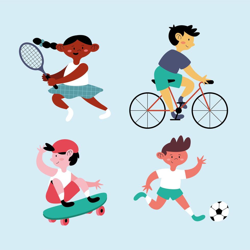 four boys practicing sports vector