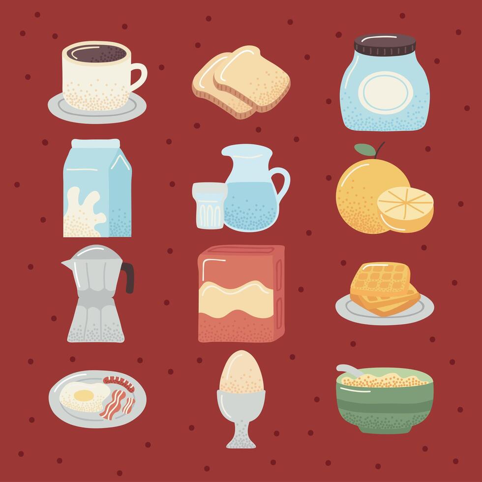 twelve breakfast food icons vector