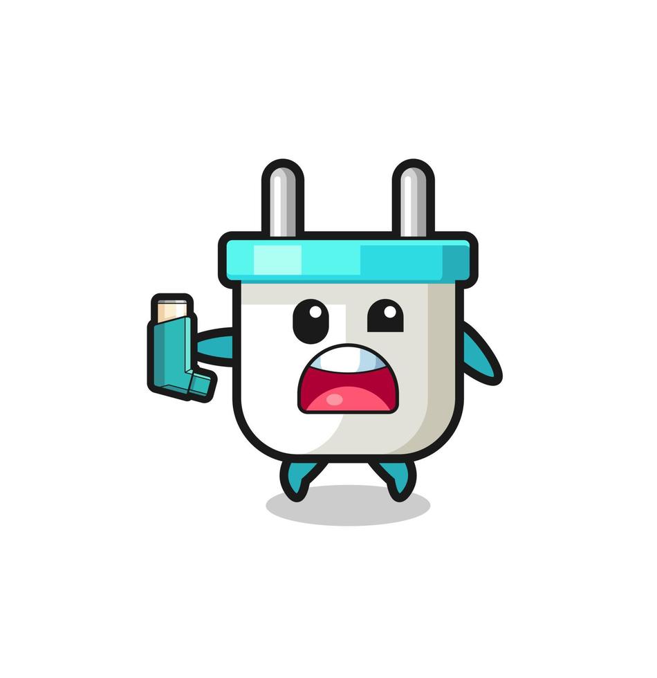 electric plug mascot having asthma while holding the inhaler vector