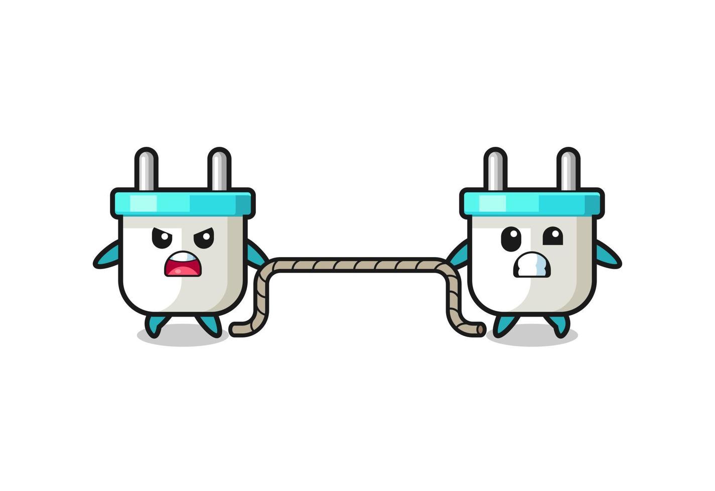 cute electric plug character is playing tug of war game vector