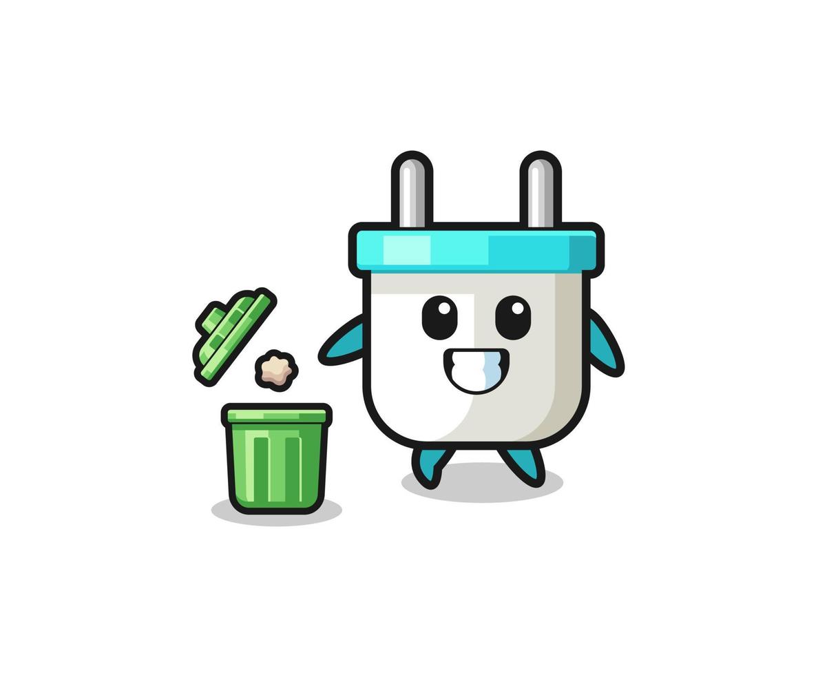 illustration of the electric plug throwing garbage in the trash can