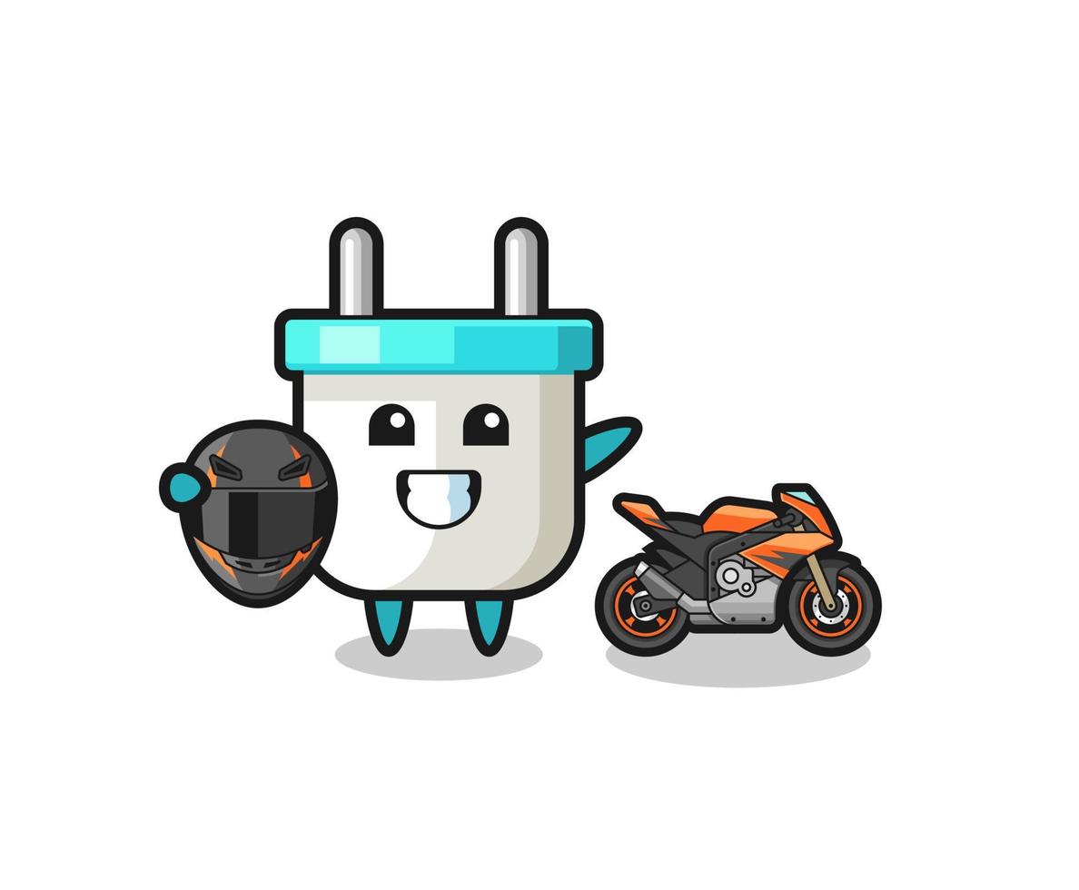 cute electric plug cartoon as a motorcycle racer vector