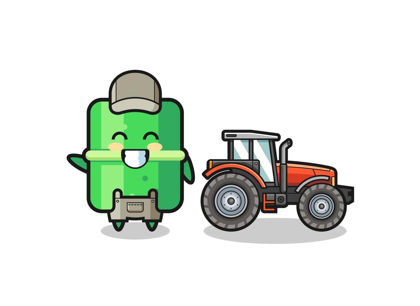 La mascota del granjero de bambú de pie junto a un tractor. vector