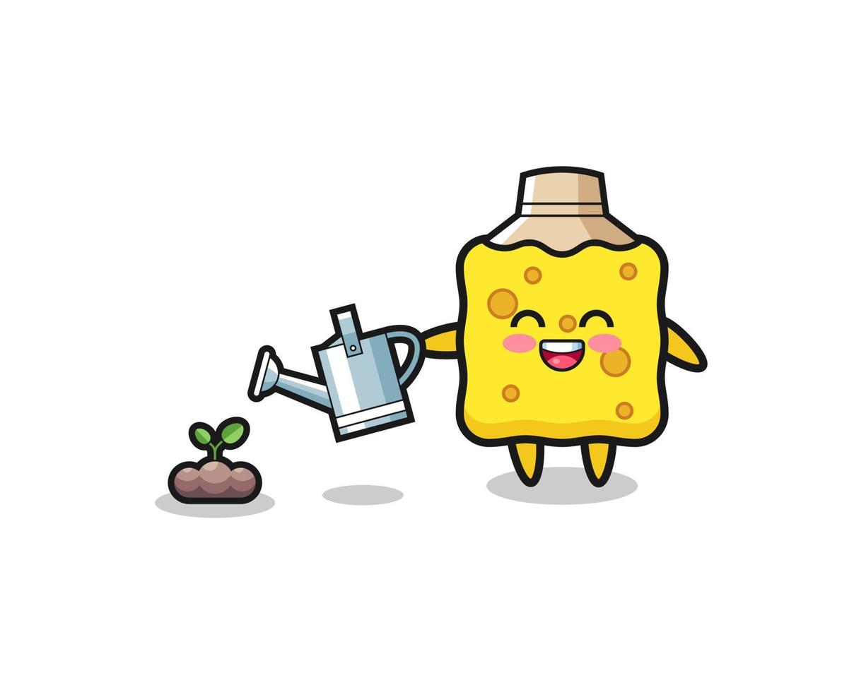 cute sponge is watering plant seeds vector