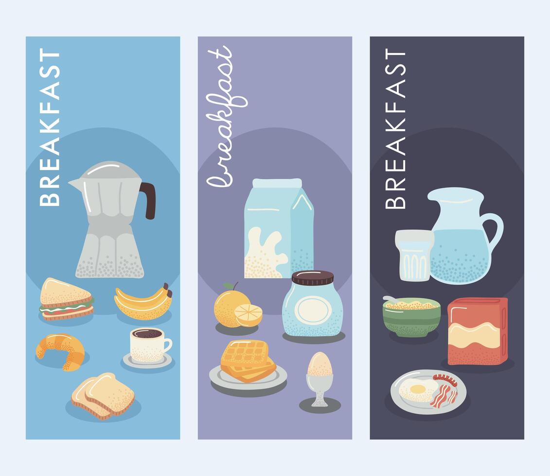 tres tarjetas de desayuno vector