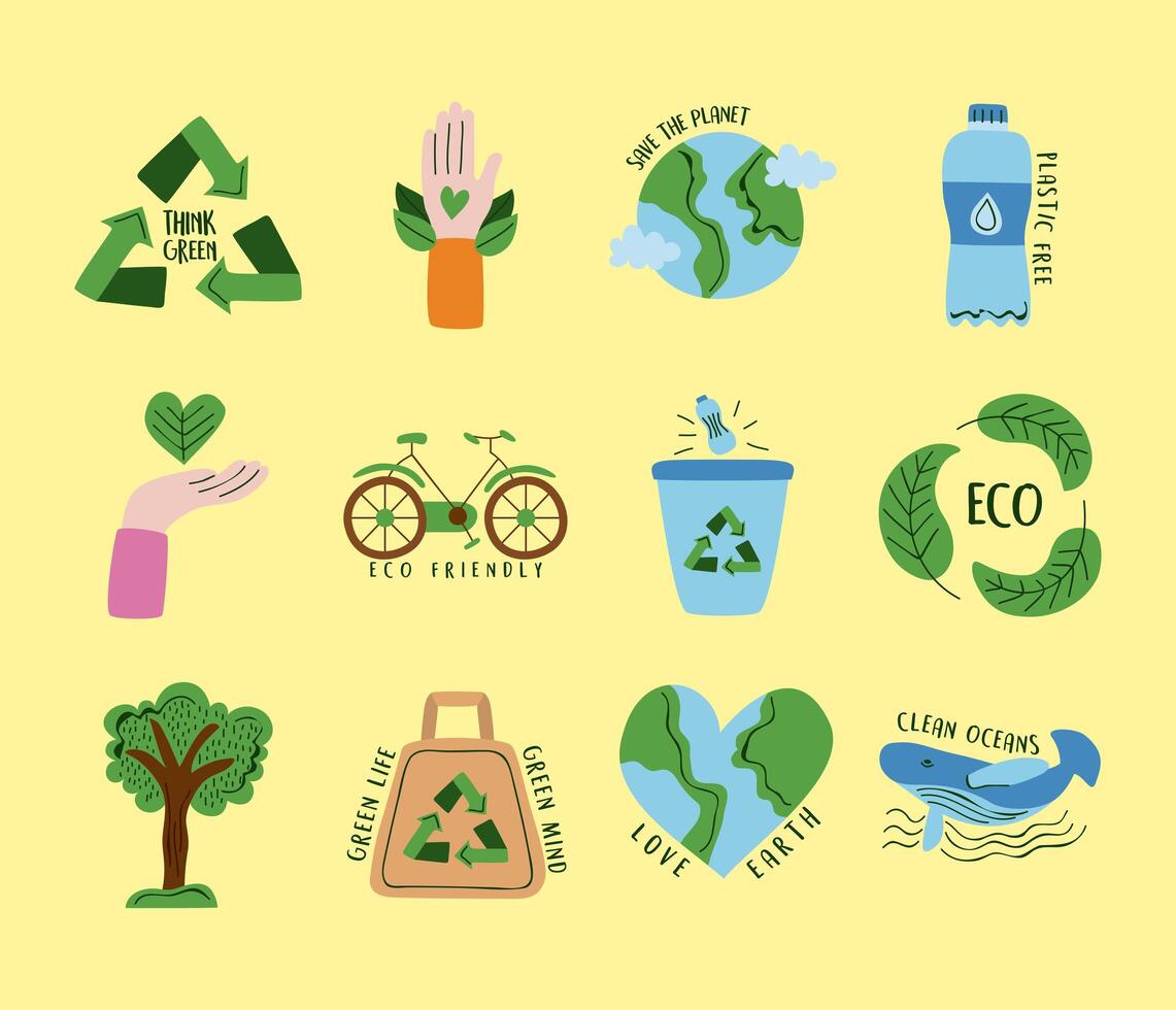 twelve eco friendly icons vector