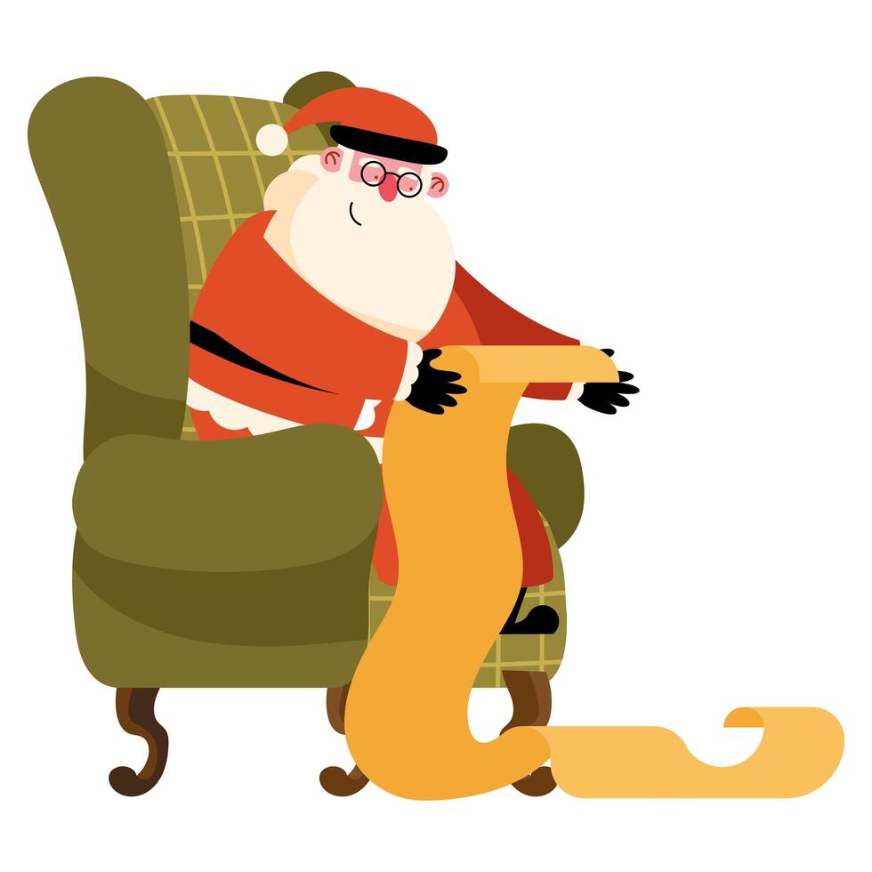 santa sentado leyendo lista de regalos vector