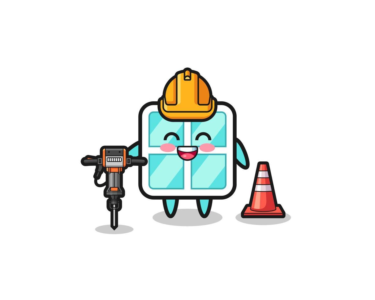 road worker mascot of window holding drill machine vector