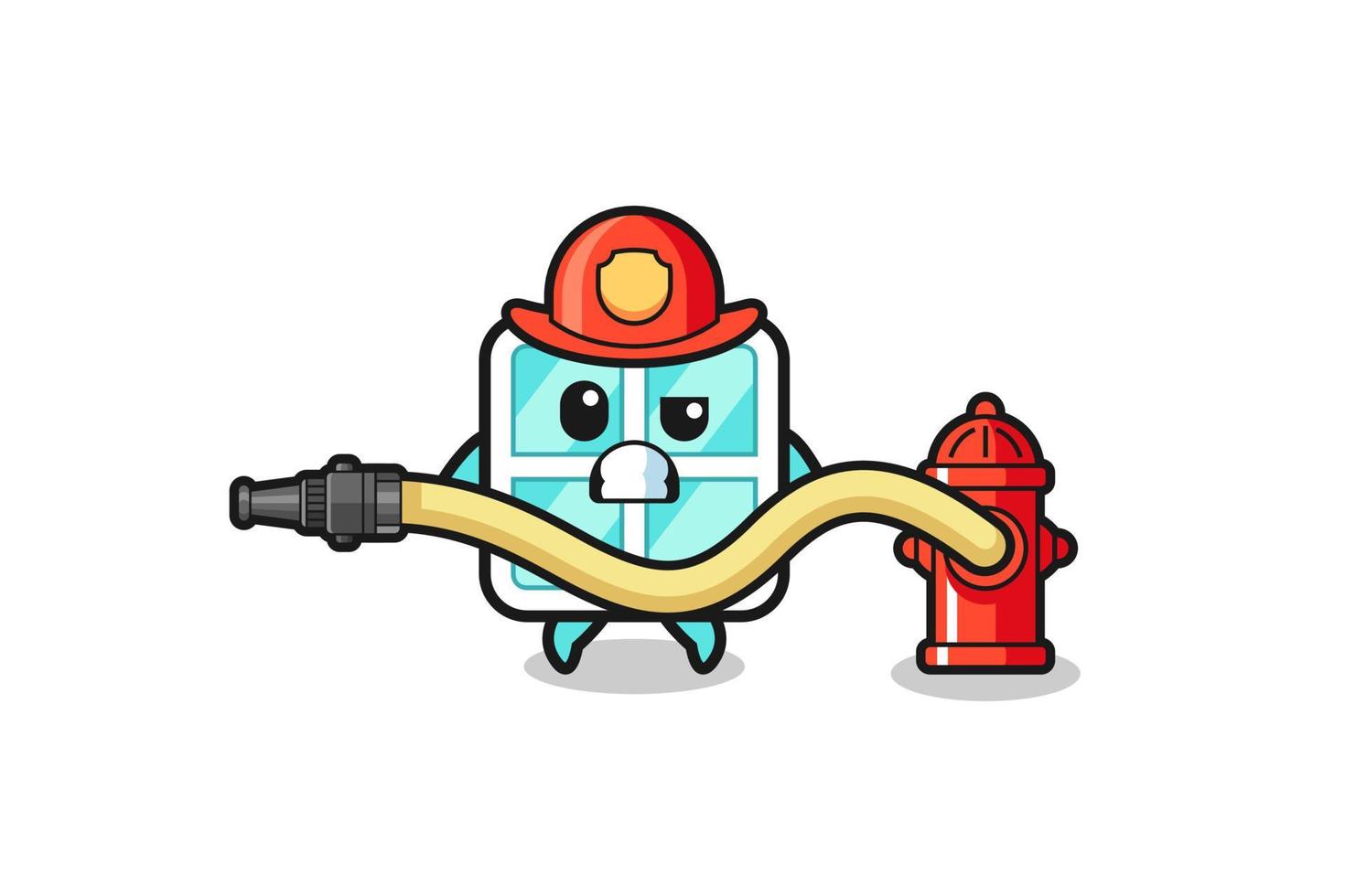 window cartoon as firefighter mascot with water hose vector