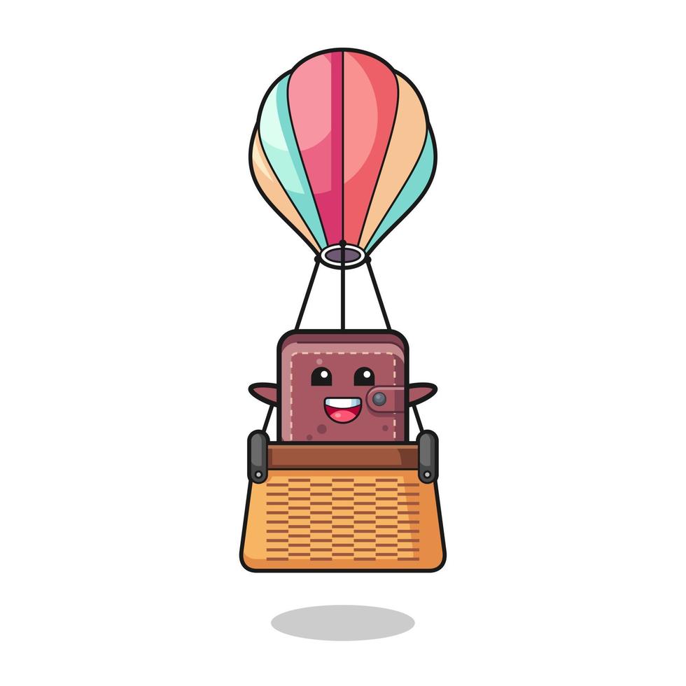 leather wallet mascot riding a hot air balloon vector
