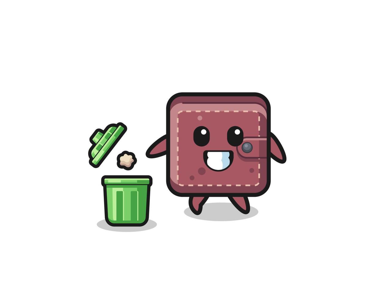 illustration of the leather wallet throwing garbage in the trash can vector