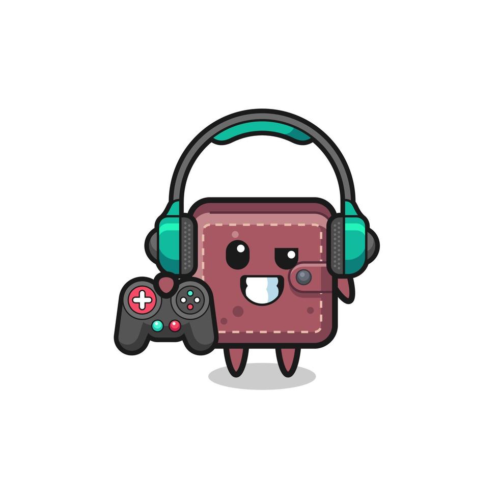 mascota de jugador de billetera de cuero sosteniendo un controlador de juego vector