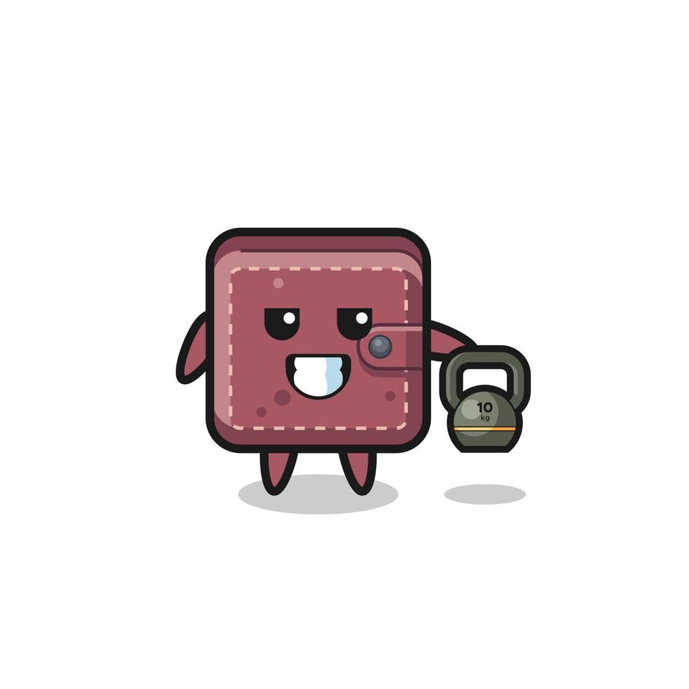 leather wallet mascot lifting kettlebell in the gym vector