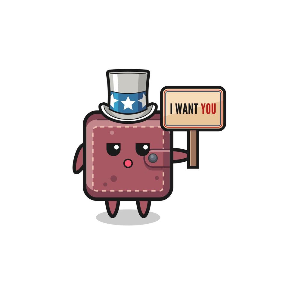 leather wallet cartoon as uncle Sam holding the banner I want you vector