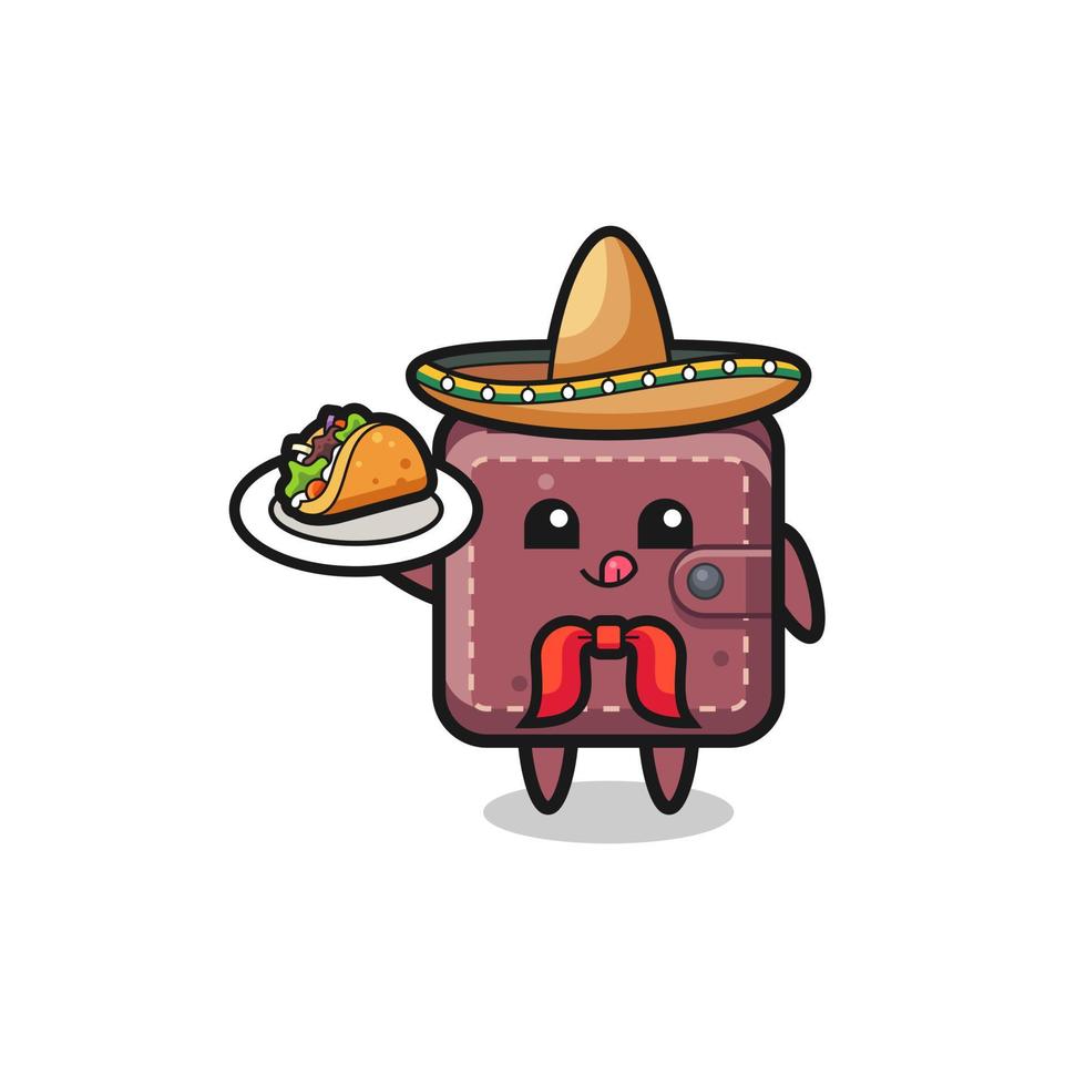 Cartera de cuero mascota chef mexicano sosteniendo un taco vector