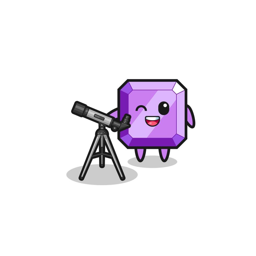 purple gemstone astronomer mascot with a modern telescope vector