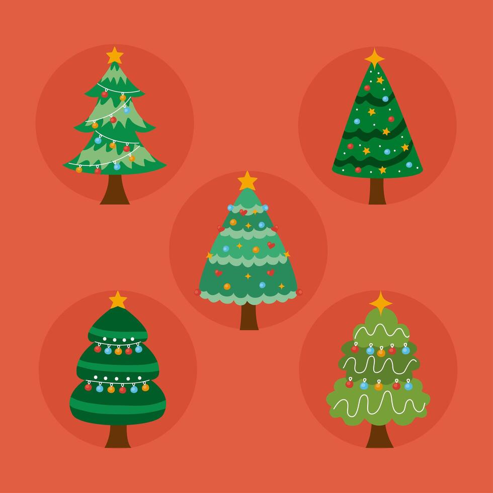 cinco iconos de árboles de navidad vector