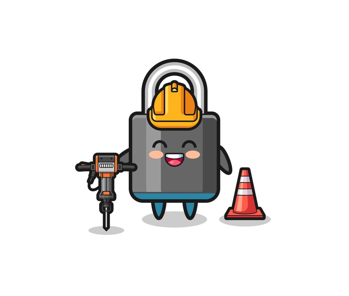 road worker mascot of padlock holding drill machine vector