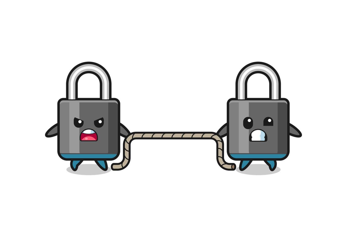 cute padlock character is playing tug of war game vector