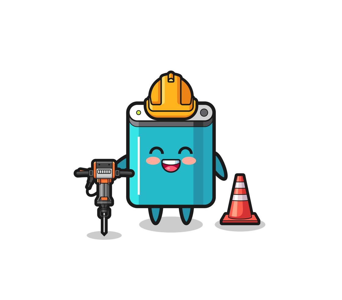 road worker mascot of power bank holding drill machine vector