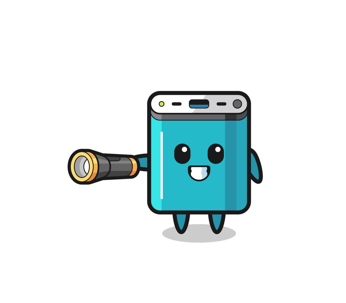 power bank mascot holding flashlight vector