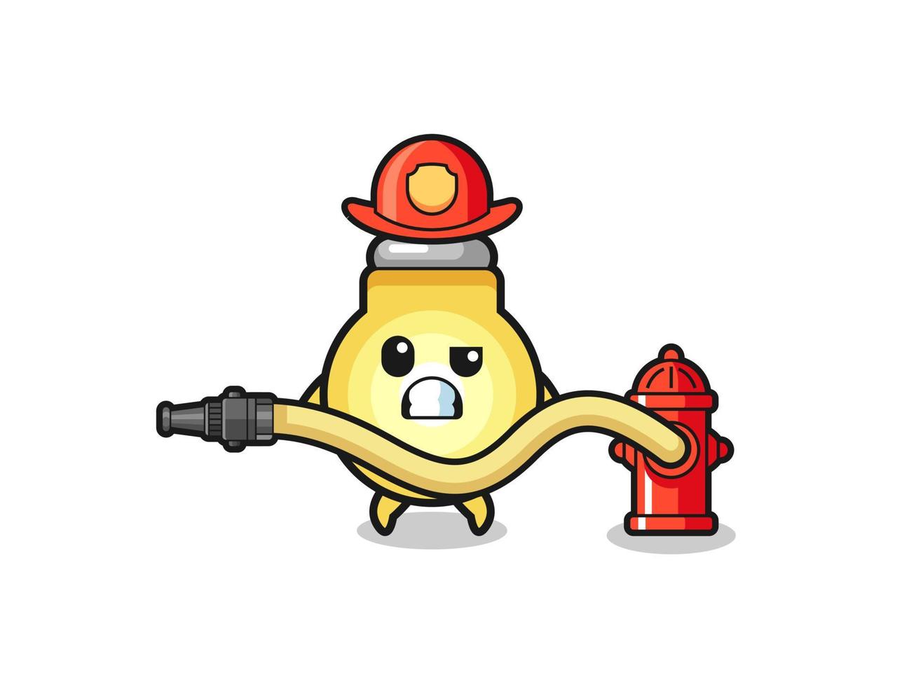 light bulb cartoon as firefighter mascot with water hose vector